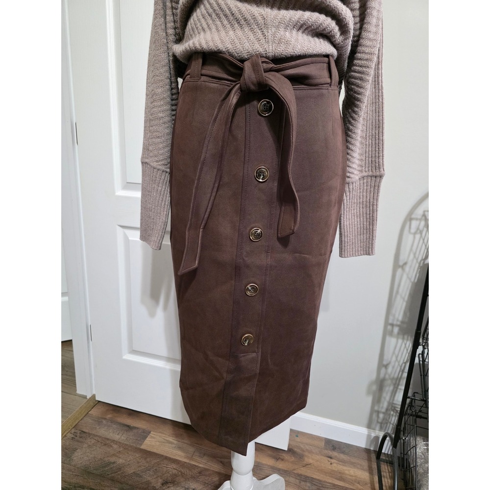 Marc New York Women Brown Faux Suede Button Front Tie Waist Pencil Midi Skirt S